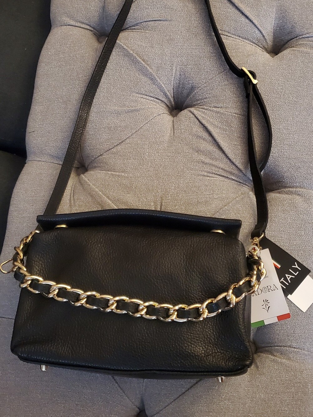 Isadora Black Pebbled Leather Crossbody Bag with Gold Chain Accent NWT